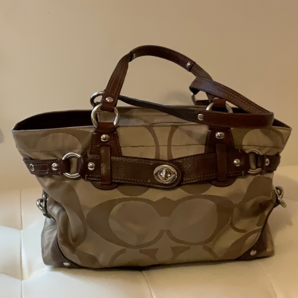 Coach Tan Signature Satin Leather Carryall Tote Bag Purse J0873 13303